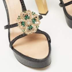 Giuseppe Zanotti Black Croc Embossed Embellished Ankle Strap Sandals Size 39.5