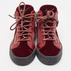 Giuseppe Zanotti Burgundy Velvet and Patent Frankie High Top Sneakers Size 37