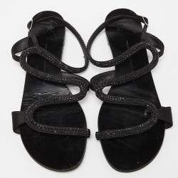 Pre Owned Giuseppe Zanotti Black Satin Crystal Embellished Flat Slides Size 41
