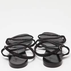 Pre Owned Giuseppe Zanotti Black Satin Crystal Embellished Flat Slides Size 41