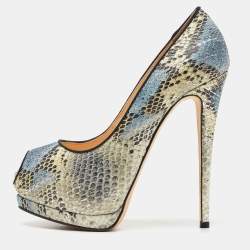 Giuseppe Zanotti Tricolor Embossed Python Sharon Peep Toe Pumps Size 38