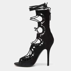 Giuseppe Zanotti Black Suede Cut Out Strappy High Peep Toe Sandals Size 37