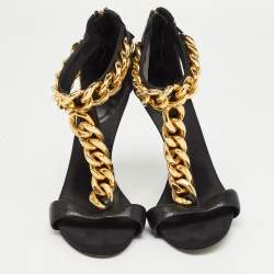 Giuseppe Zanotti Black Suede and Leather Chain Detail T Strap Sandals Size 37.5