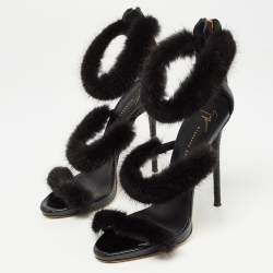 Pre Owned Giuseppe Zanotti Black Croc Embossed and Fur Harmony Ankle Strap Sandals Size 38
