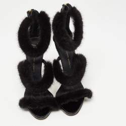 Pre Owned Giuseppe Zanotti Black Croc Embossed and Fur Harmony Ankle Strap Sandals Size 38