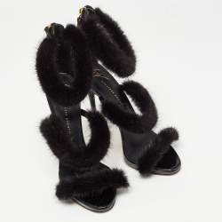 Pre Owned Giuseppe Zanotti Black Croc Embossed and Fur Harmony Ankle Strap Sandals Size 38