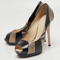 Giuseppe Zanotti Tricolor Embossed Python and Patent Leather Platform Peep Toe Pumps Size 40