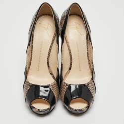 Giuseppe Zanotti Tricolor Embossed Python and Patent Leather Platform Peep Toe Pumps Size 40