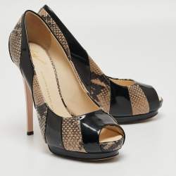 Giuseppe Zanotti Tricolor Embossed Python and Patent Leather Platform Peep Toe Pumps Size 40