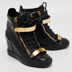 Pre Owned Giuseppe Zanotti Black Croc Embossed Leather Lorenz Wadge Sneakers Size 41