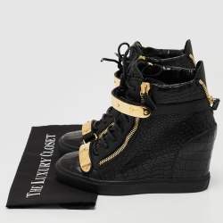 Pre Owned Giuseppe Zanotti Black Croc Embossed Leather Lorenz Wadge Sneakers Size 41