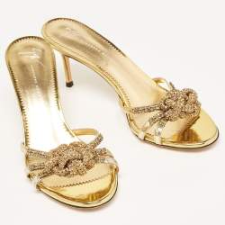 Pre Owned Giuseppe Zanotti Gold Patent Leather Knot Crystals Slip On Sandals Size 39