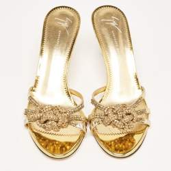 Pre Owned Giuseppe Zanotti Gold Patent Leather Knot Crystals Slip On Sandals Size 39