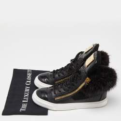 Giuseppe Zanotti Black Leather,Suede and Calfhair London High-Top Sneakers Size 37