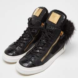 Giuseppe Zanotti Black Leather,Suede and Calfhair London High-Top Sneakers Size 37