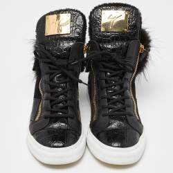 Giuseppe Zanotti Black Leather,Suede and Calfhair London High-Top Sneakers Size 37