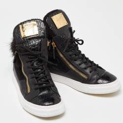 Giuseppe Zanotti Black Leather,Suede and Calfhair London High-Top Sneakers Size 37