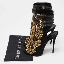 Pre Owned Giuseppe Zanotti Black Suede and Leather Studded Cutout Peep Toe Ankle Boots Size 37