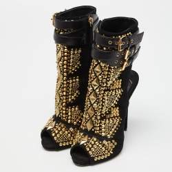 Pre Owned Giuseppe Zanotti Black Suede and Leather Studded Cutout Peep Toe Ankle Boots Size 37