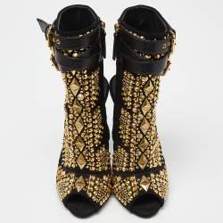 Pre Owned Giuseppe Zanotti Black Suede and Leather Studded Cutout Peep Toe Ankle Boots Size 37