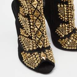 Pre Owned Giuseppe Zanotti Black Suede and Leather Studded Cutout Peep Toe Ankle Boots Size 37