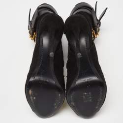 Pre Owned Giuseppe Zanotti Black Suede and Leather Studded Cutout Peep Toe Ankle Boots Size 37