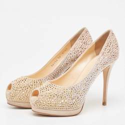 Giuseppe Zanotti Beige Suede Crystal Embellished Peep Toe Platform Pumps Size 36