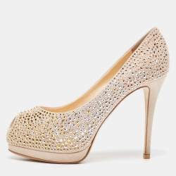 Giuseppe Zanotti Beige Suede Crystal Embellished Peep Toe Platform Pumps Size 36