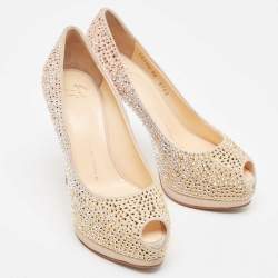 Giuseppe Zanotti Beige Suede Crystal Embellished Peep Toe Platform Pumps Size 36