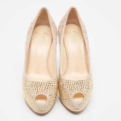 Giuseppe Zanotti Beige Suede Crystal Embellished Peep Toe Platform Pumps Size 36