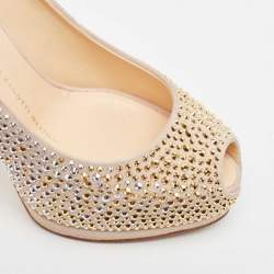 Giuseppe Zanotti Beige Suede Crystal Embellished Peep Toe Platform Pumps Size 36