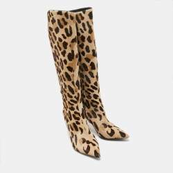 Pre Owned Giuseppe Zanotti Beige/Brown Calf Hair Knee Length Boots Size 38.5