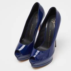 مملوكة مسبقًا Giuseppe Zanotti Blue Patent Leather Peep Toe Platform Pumps Size 37.5