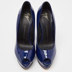 مملوكة مسبقًا Giuseppe Zanotti Blue Patent Leather Peep Toe Platform Pumps Size 37.5