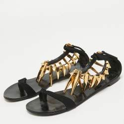 Pre Owned Giuseppe Zanotti Black Suede Zak Spike Ankle Strap Flat Sandals Size 37.5