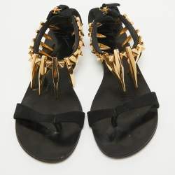 Pre Owned Giuseppe Zanotti Black Suede Zak Spike Ankle Strap Flat Sandals Size 37.5