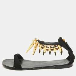 Pre Owned Giuseppe Zanotti Black Suede Zak Spike Ankle Strap Flat Sandals Size 37.5