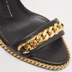 Pre Owned Giuseppe Zanotti Black Leather Chain Link Detail Wedge Ankle Strap Sandals Size 38