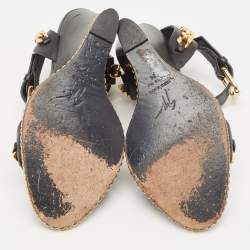 Pre Owned Giuseppe Zanotti Black Leather Chain Link Detail Wedge Ankle Strap Sandals Size 38