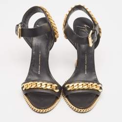 Pre Owned Giuseppe Zanotti Black Leather Chain Link Detail Wedge Ankle Strap Sandals Size 38