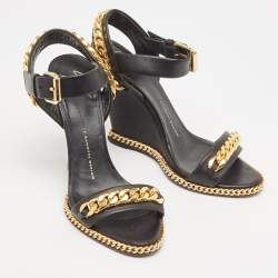 Pre Owned Giuseppe Zanotti Black Leather Chain Link Detail Wedge Ankle Strap Sandals Size 38