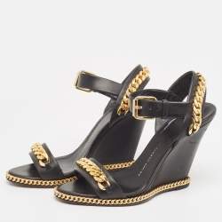 Pre Owned Giuseppe Zanotti Black Leather Chain Link Detail Wedge Ankle Strap Sandals Size 38