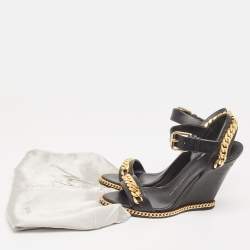 Pre Owned Giuseppe Zanotti Black Leather Chain Link Detail Wedge Ankle Strap Sandals Size 38