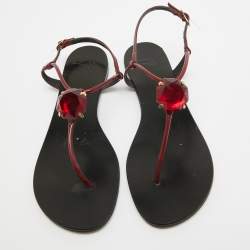 Pre Owned Giuseppe Zanotti Burgundy Patent Leather Crystal Embellished Thong Flat Sandals Size 37