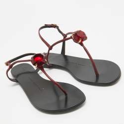 Pre Owned Giuseppe Zanotti Burgundy Patent Leather Crystal Embellished Thong Flat Sandals Size 37