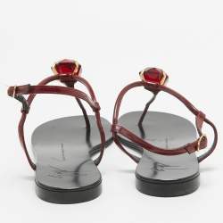 Pre Owned Giuseppe Zanotti Burgundy Patent Leather Crystal Embellished Thong Flat Sandals Size 37