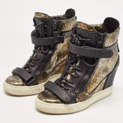 Giuseppe Zanotti Metallic Python Embossed Wedge Sneakers Size 38