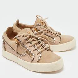 Gisueppe Zanotti Beige Nubuck and Leather Double Zip Low Top Sneakers Size 36