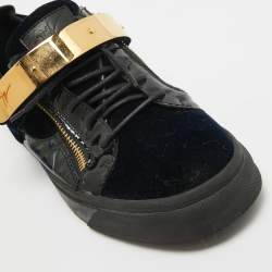 Pre Owned Giuseppe Zanotti Blue/Black Velvet And Patent Leather Double Zipper Low Top Sneakers Size 42