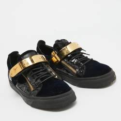 Pre Owned Giuseppe Zanotti Blue/Black Velvet And Patent Leather Double Zipper Low Top Sneakers Size 42